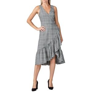 Great Jones Dress Women's 8 Black Houndstooth Plaid Midi Sheath Ruffle Classy
